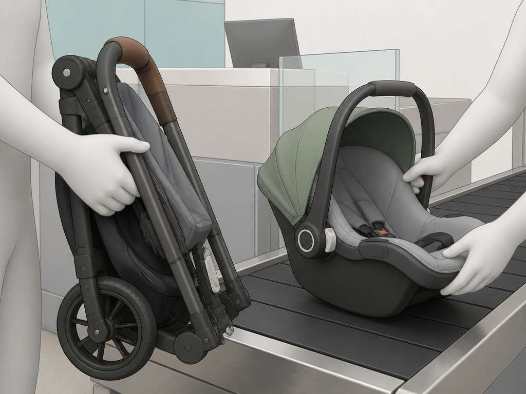 Checking a collapsed stroller frame and separate car seat at airport baggage