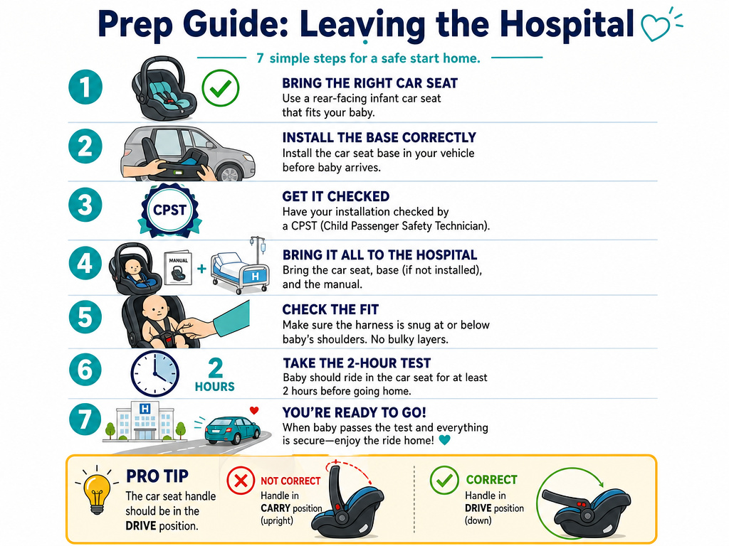 Infographic checklist for preparing a car seat for hospital discharge.