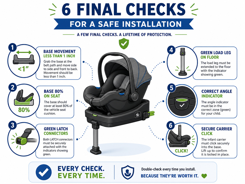 Final checklist for securing a car seat base and infant carrier correctly.