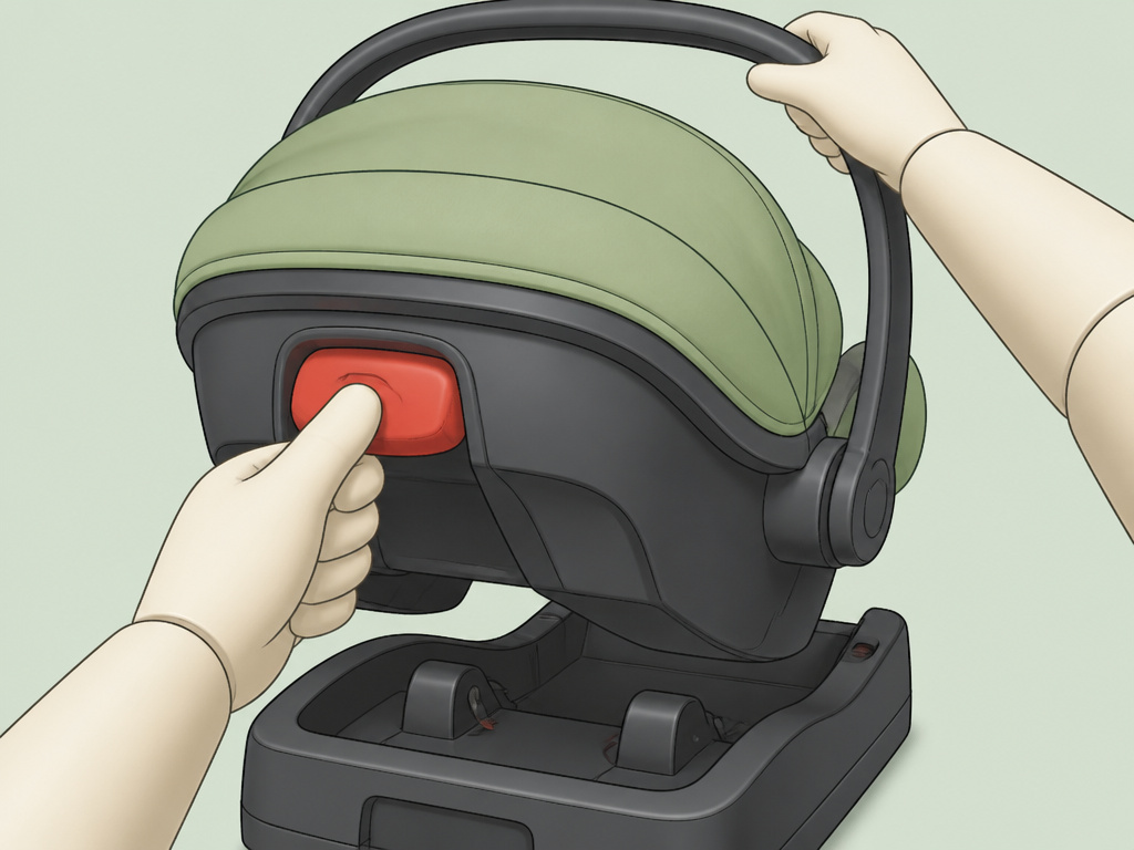 Close-up of hands squeezing a car seat release handle to detach carrier from base.