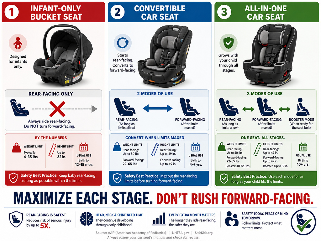 Infant-only, convertible, and all-in-one car seat forward-facing rules infographic