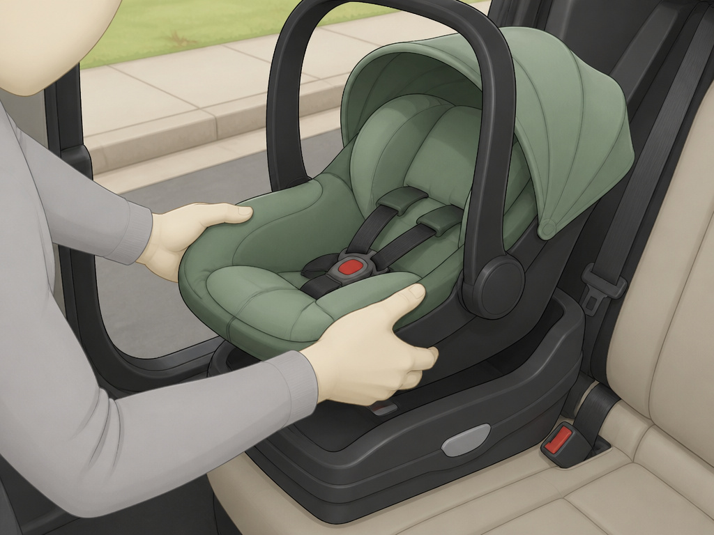 Infant car seat being safely loaded from the curb side behind the passenger.