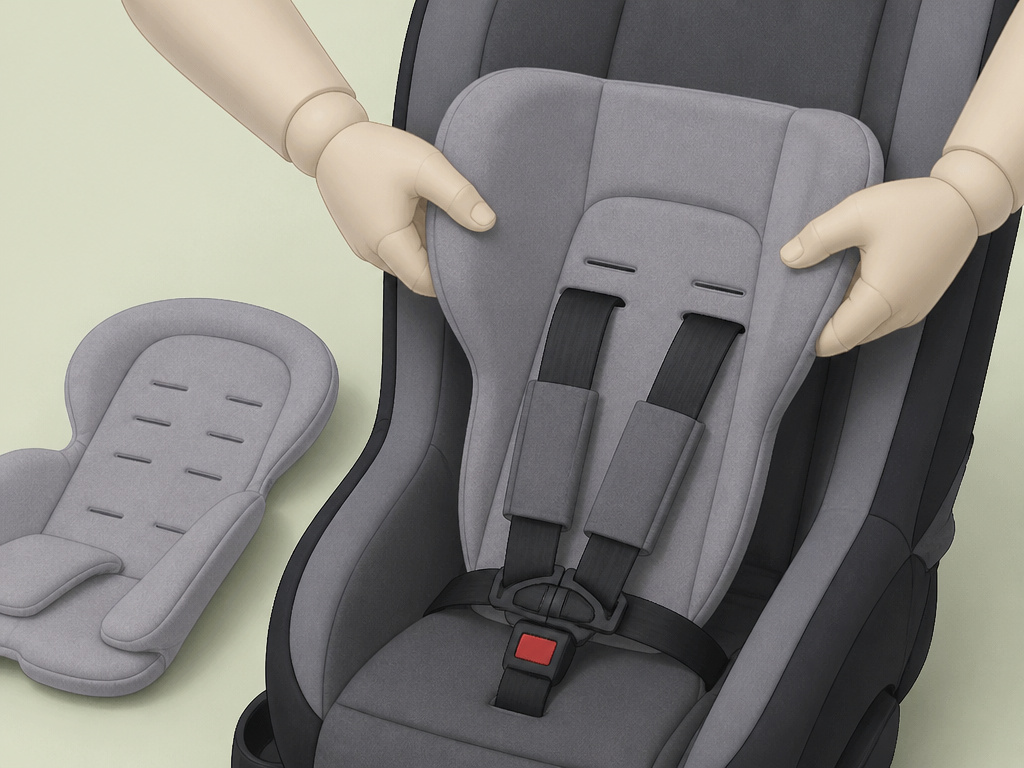 Removing infant insert from forward-facing Joie i-Spin car seat.