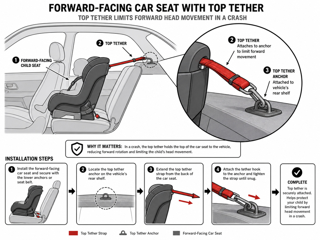 Forward-facing car seat top tether installation diagram for child safety