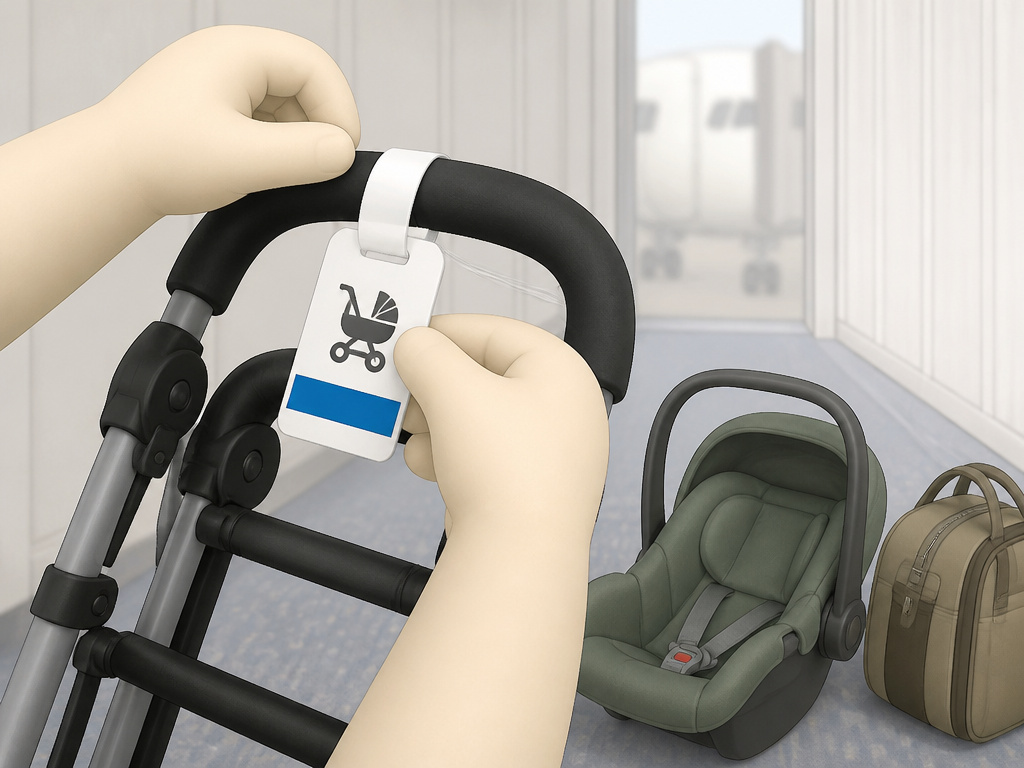 Gate-checking a free stroller and car seat at the airport before a flight