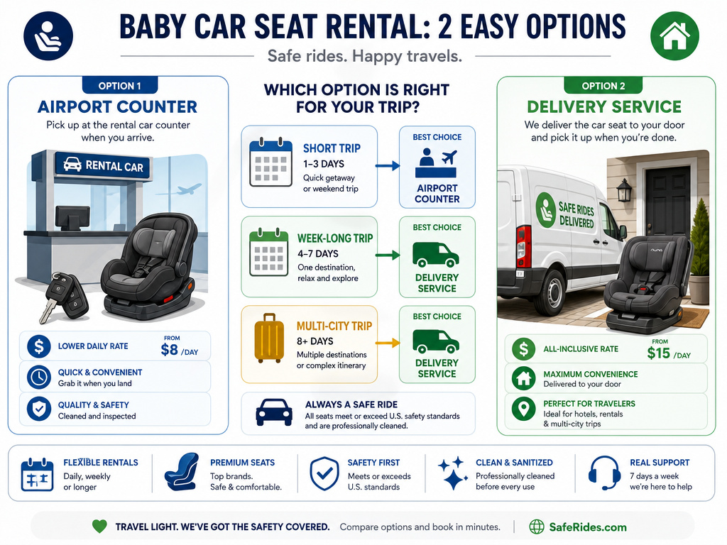 Infographic comparing airport counter versus delivery service for renting a baby car seat.