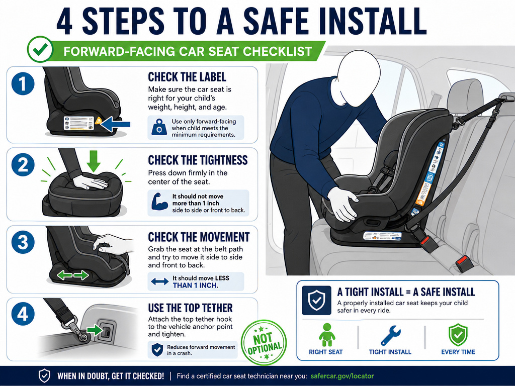 Correct forward-facing car seat installation steps and safety checklist infographic.