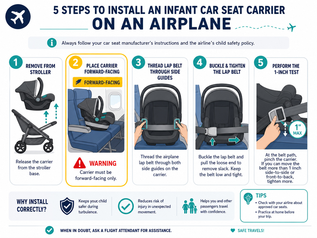 Infographic showing five steps to install a rear-facing infant carrier forward-facing on airplane.