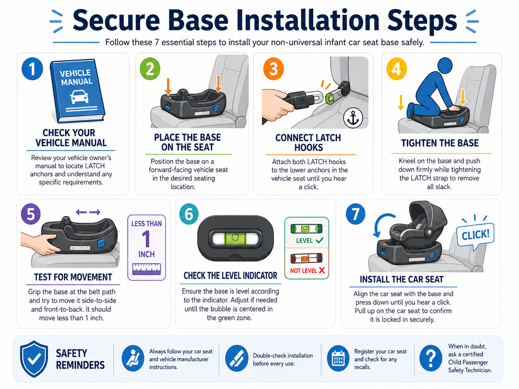 Step-by-step infographic for correctly installing an infant car seat base.