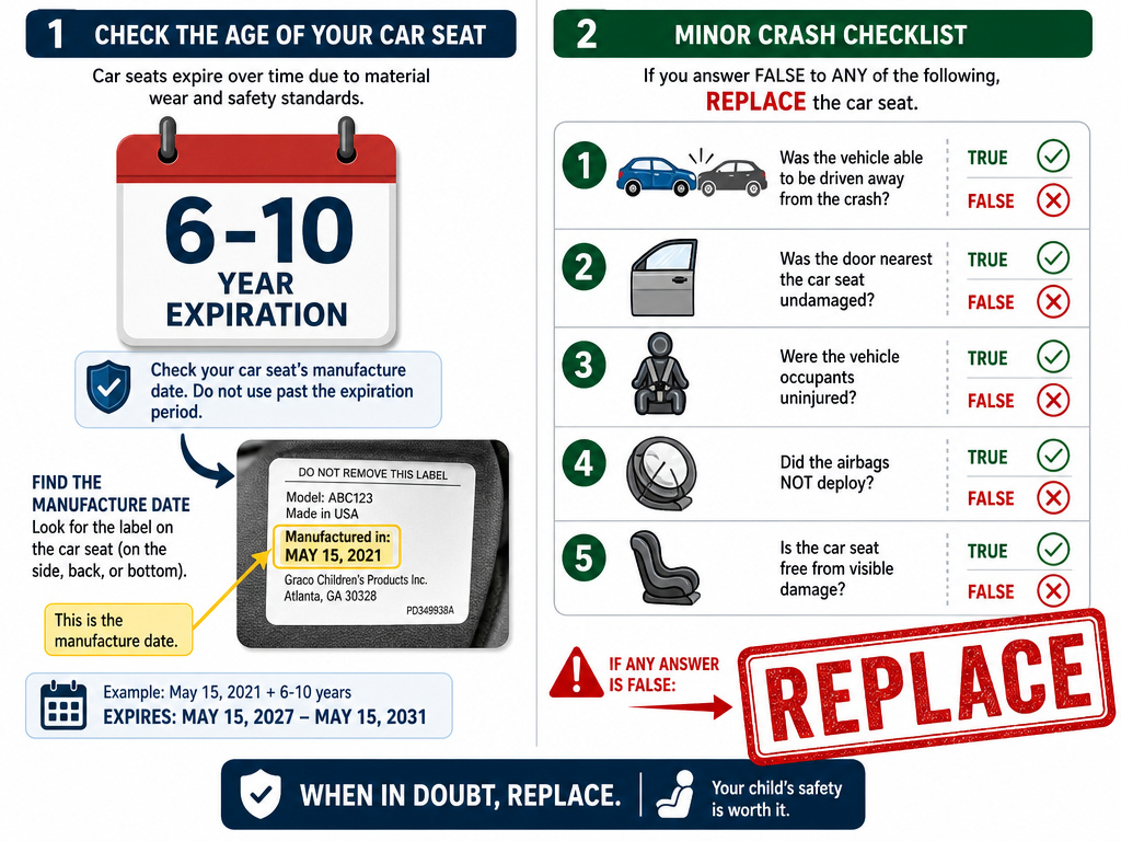 Convertible car seat expiration date and minor crash replacement checklist infographic