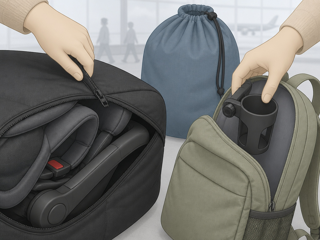 Hands packing a car seat into a protective bag for airline gate check.