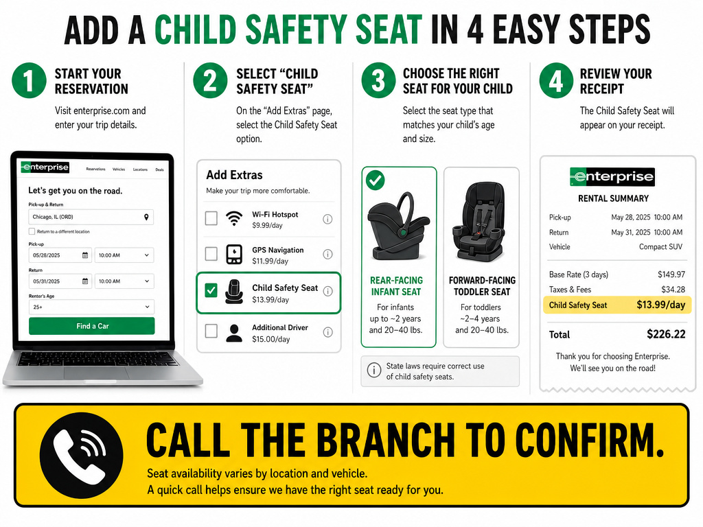 Infographic showing steps to reserve an infant car seat on Enterprise website.