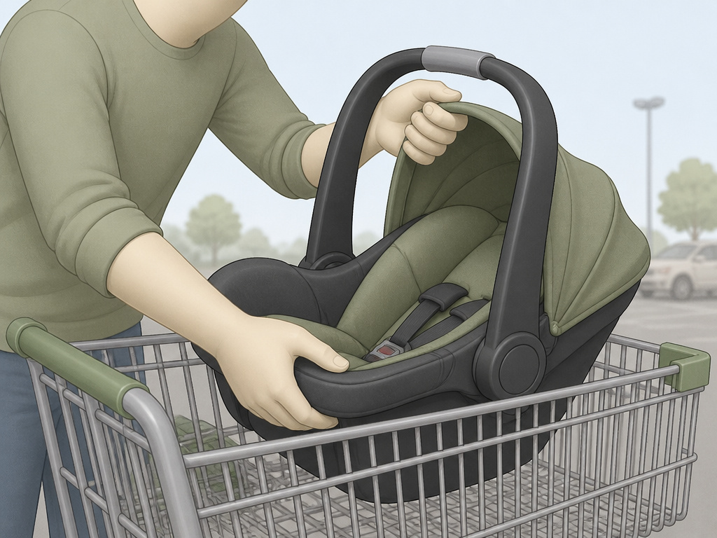 Infant car seat being secured inside a grocery cart basket for shopping.