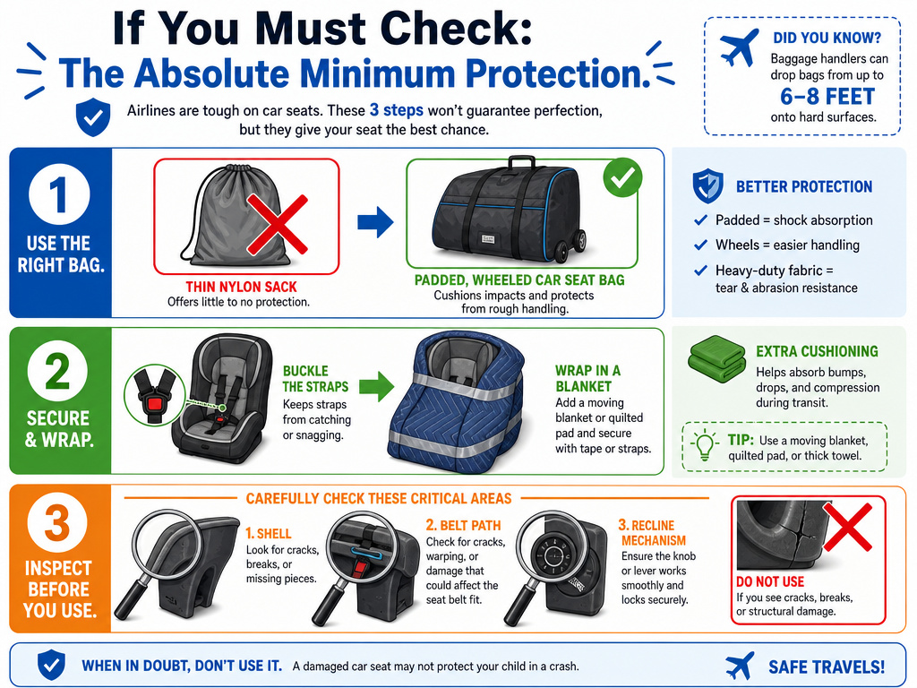 Infographic showing three essential steps for checking a car seat safely