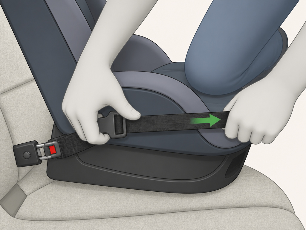 Troubleshooting a loose convertible car seat installation with hands tightening the LATCH strap.