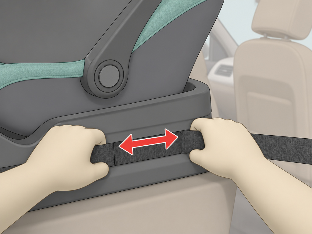 Testing infant car seat installation movement behind the passenger side for safety.