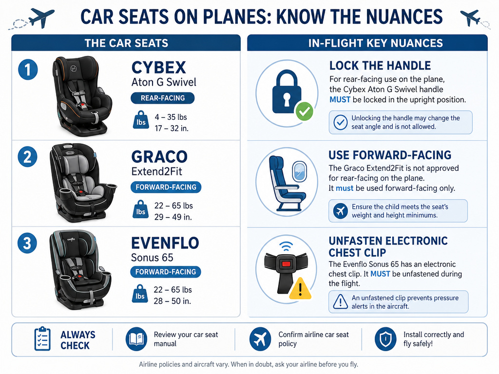 Infographic comparing key installation rules for Cybex, Graco, and Evenflo infant car seats on airplanes.