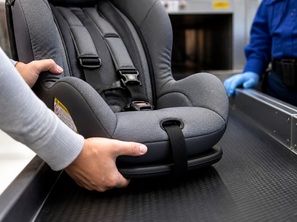 Car seat being placed on airport security X-ray machine belt for screening