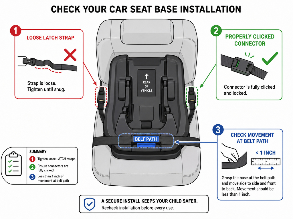 Diagnostic diagram for common car seat installation problems and solutions.