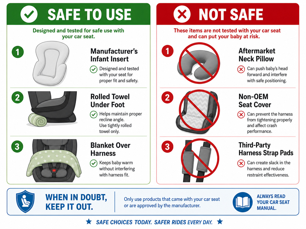 Safe versus unsafe car seat accessories for baby sleep infographic comparison