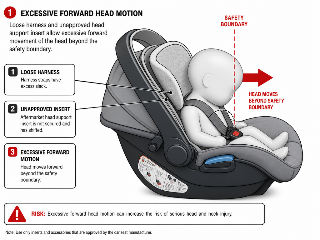 Diagram showing head excursion failure and misuse in an infant car seat.