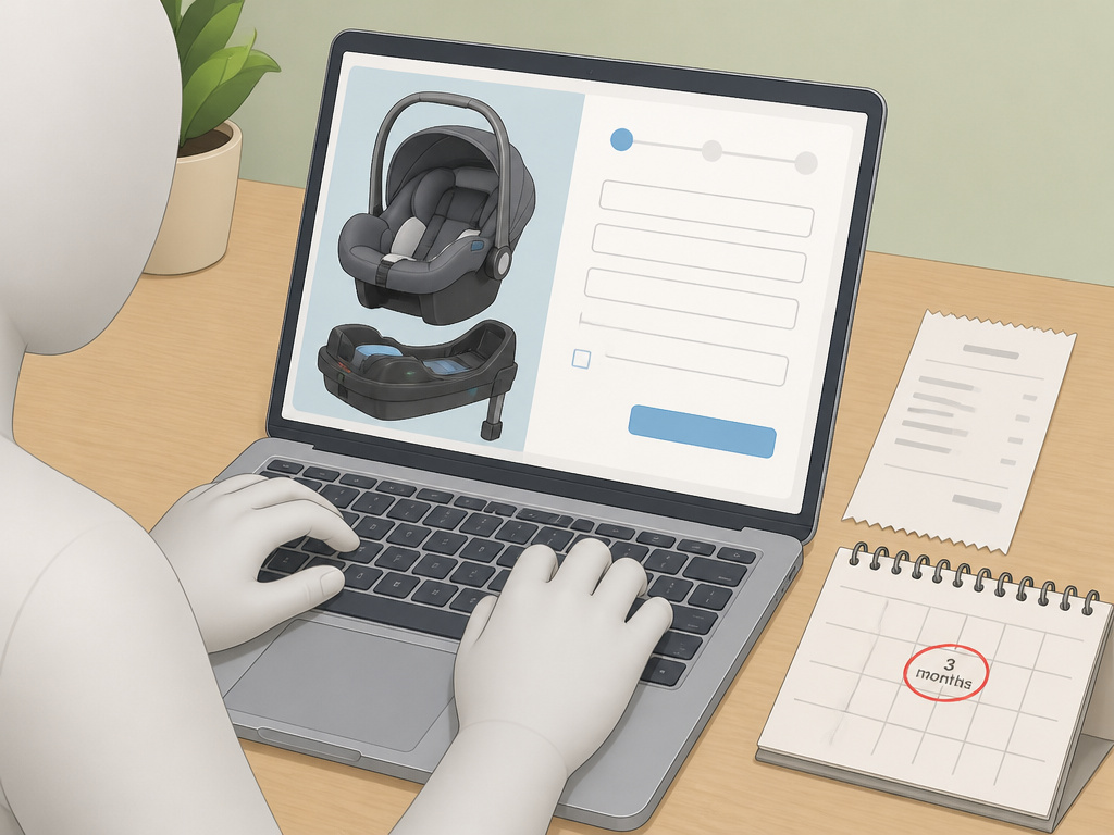 Registering UPPAbaby Mesa car seat warranty online with base visible.