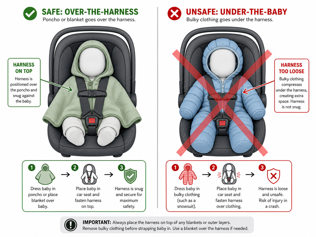 Diagram comparing safe car seat poncho versus unsafe bulky snowsuit for winter warmth.