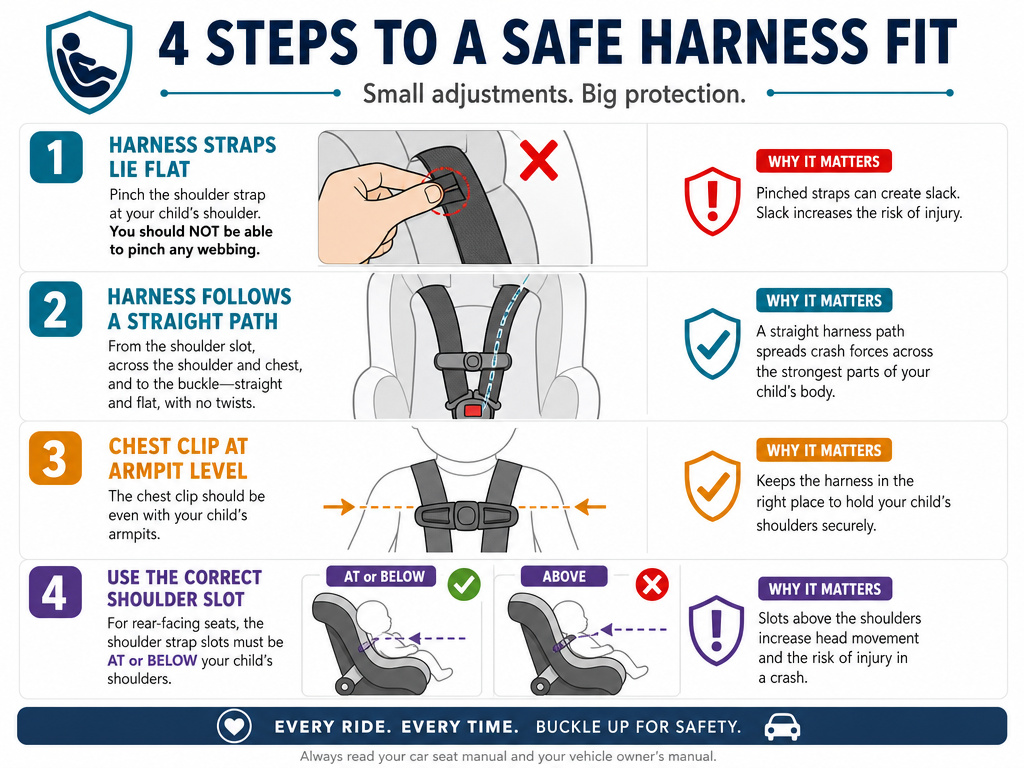 Infographic showing four safety checks for infant car seat harness tightness.
