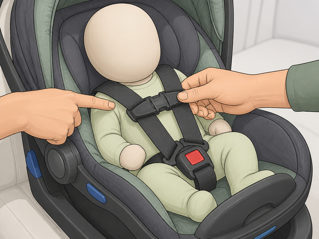 Proper five-point harness adjustment for a rear-facing Safety First infant car seat.