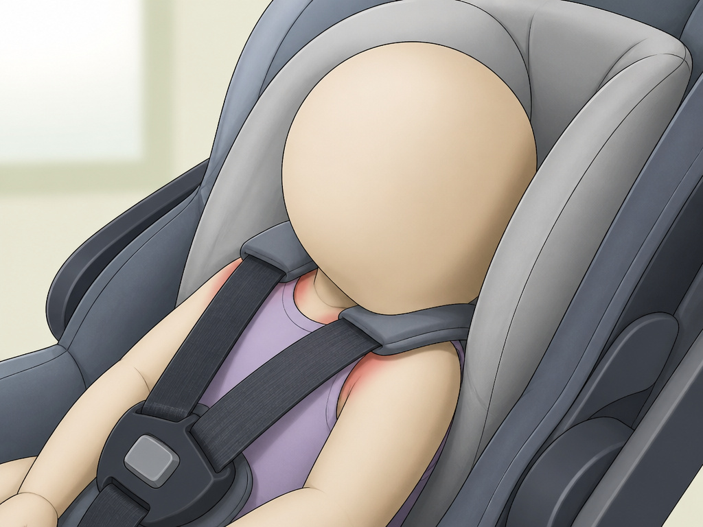 Baby in car seat with tight straps and forward head slump.