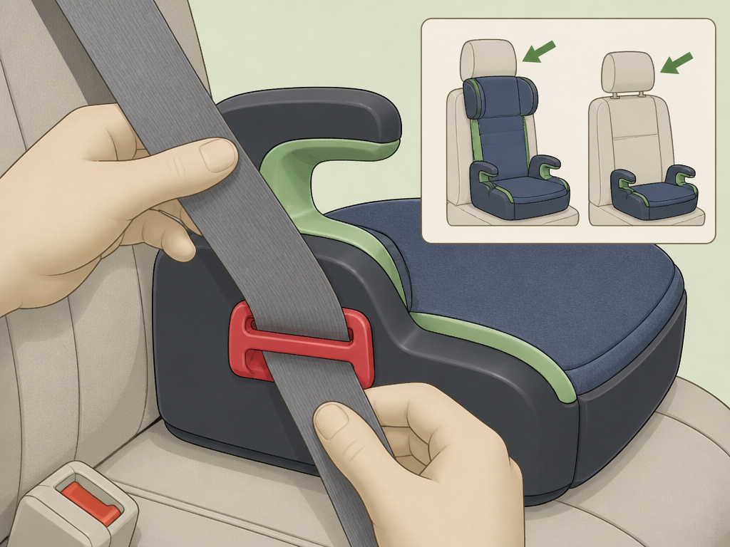 Close-up diagram of threading seatbelt through red guide on booster seat.