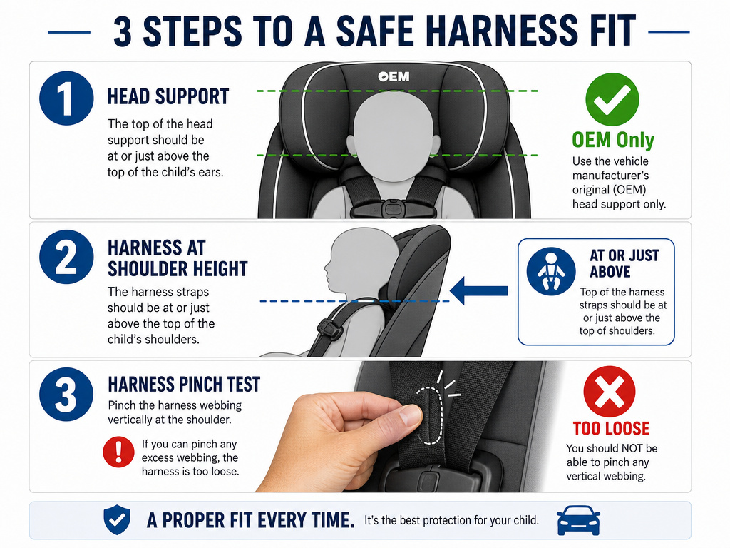 Three-step safety infographic for checking car seat head support and harness fit.
