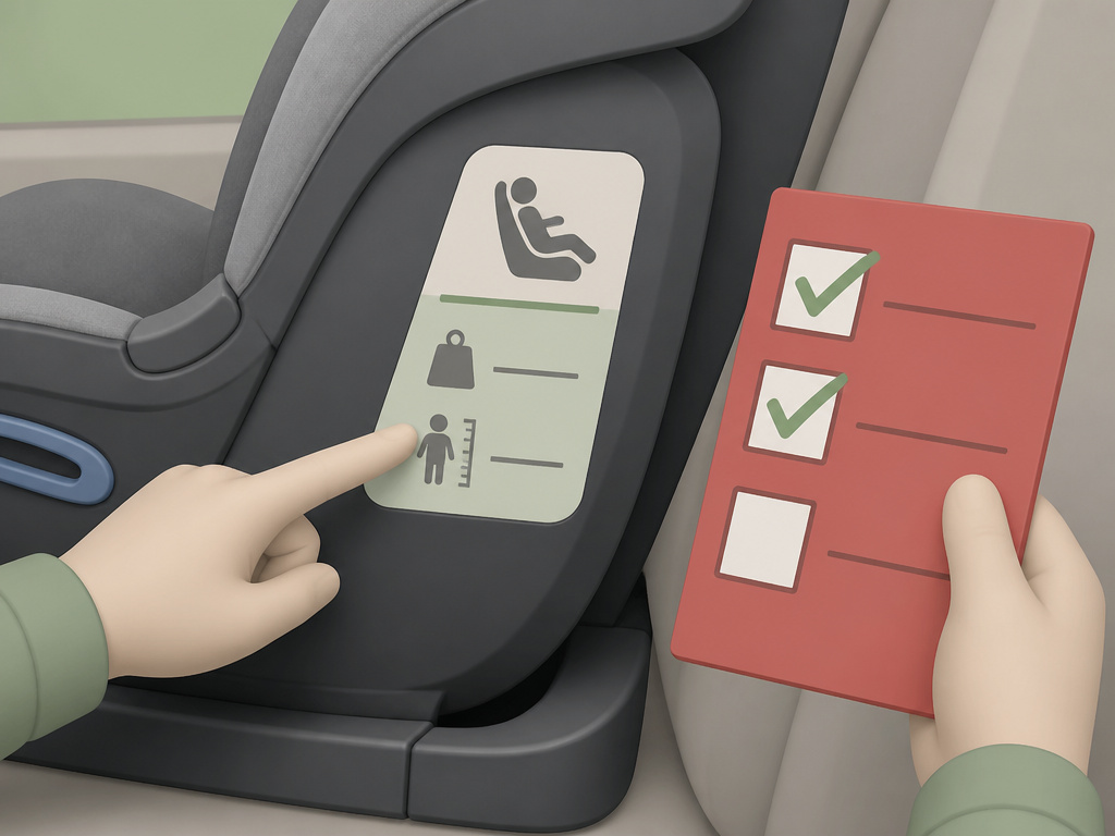 Cartoon checklist for turning a car seat from rear to forward-facing.