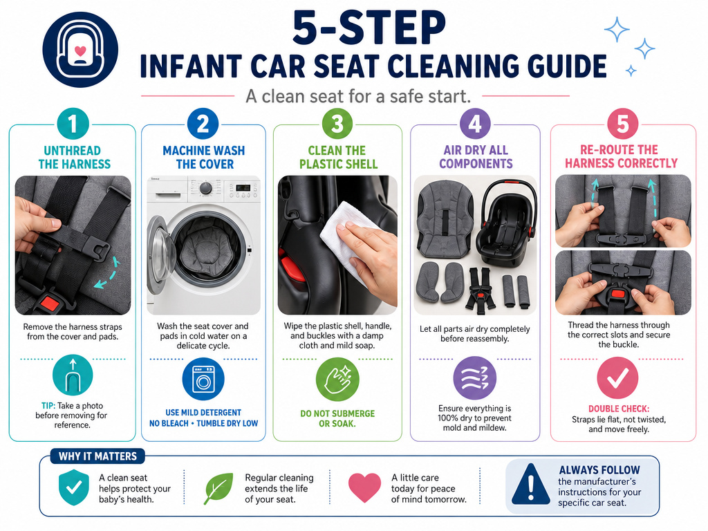 Five-step infographic for cleaning an infant car seat before storage.