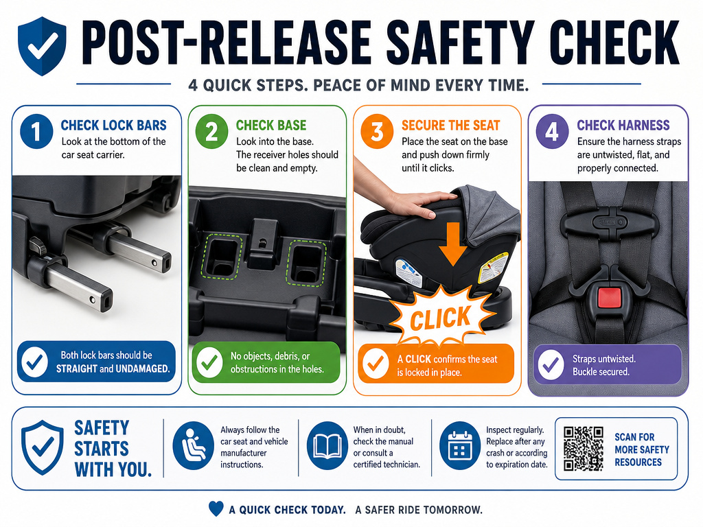 Four-step safety check after releasing an infant car seat from its base.