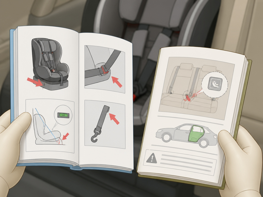 Cartoon guide for checking car seat installation with vehicle and seat manuals