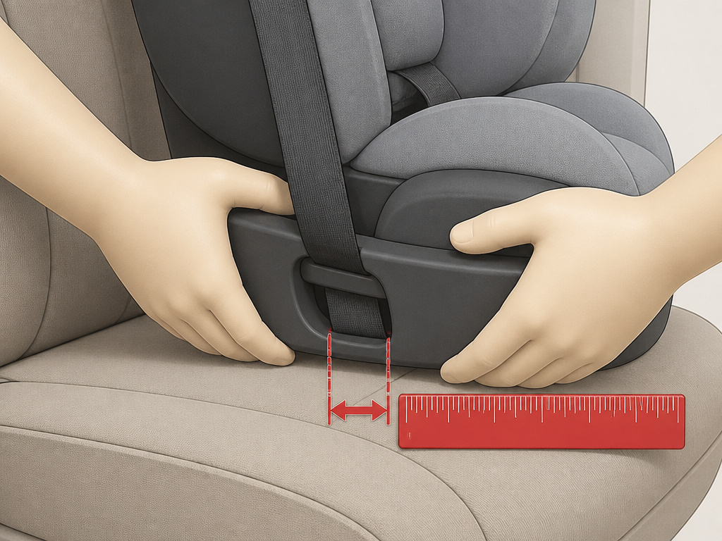 Cartoon diagram of hands performing the car seat one-inch movement test