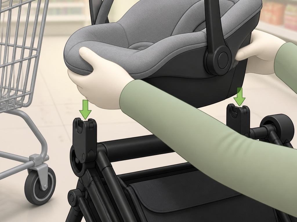 Infant car seat clicking onto a lightweight stroller frame in a grocery store.