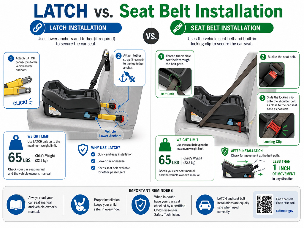 Comparison of LATCH and seat belt methods for securing an infant car seat.
