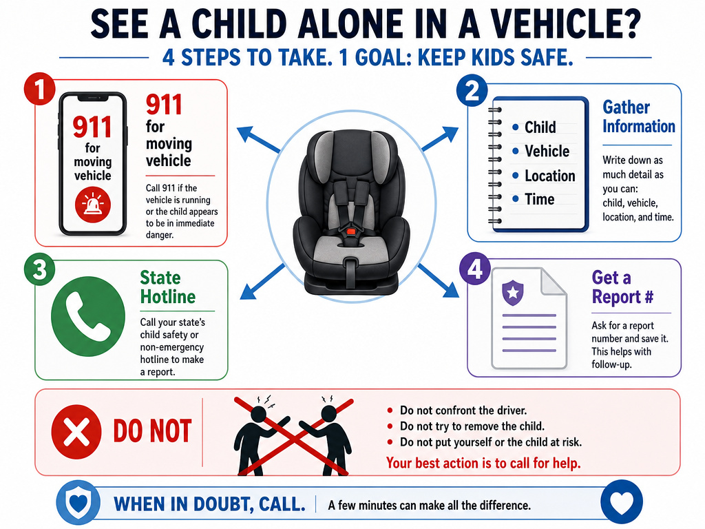 Step-by-step infographic for reporting an unrestrained child in a car.
