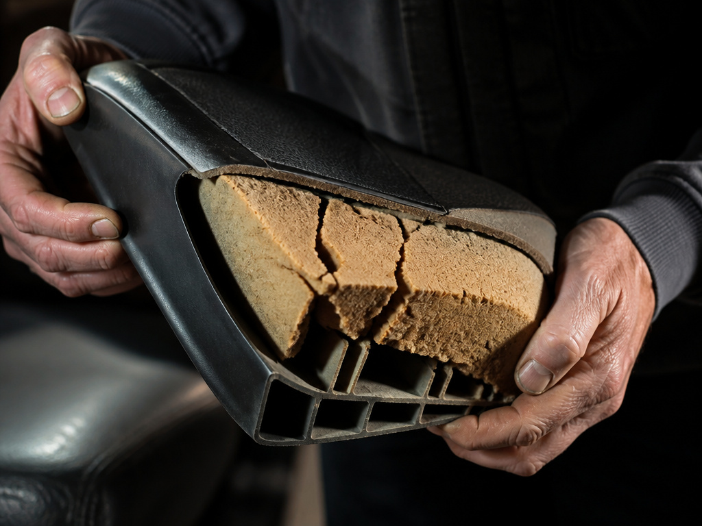 Close-up of cut-open secondhand car seat showing degraded internal safety foam.