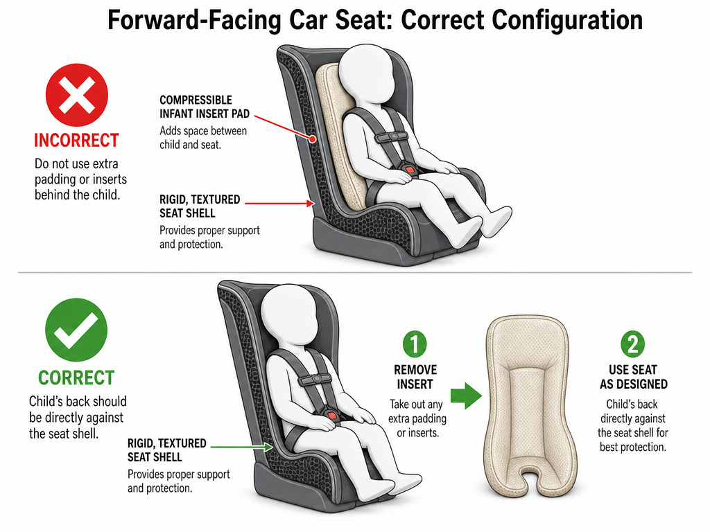 Diagram showing infant car seat insert removal requirement for forward-facing mode.