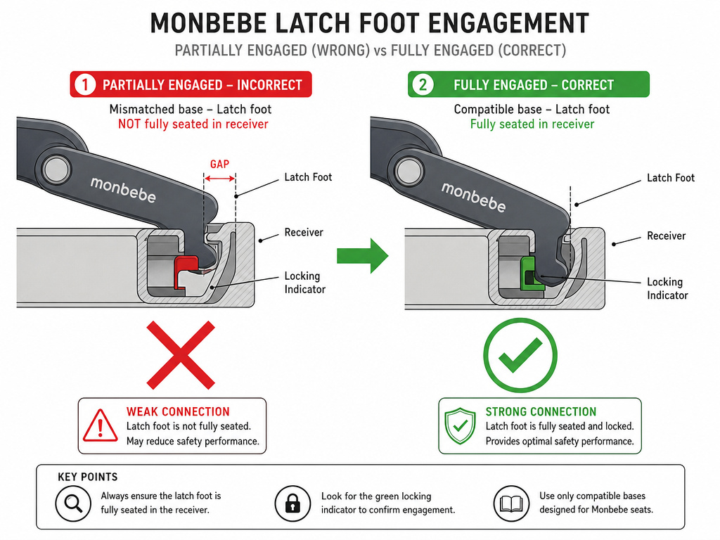 Diagram comparing a correct and mismatched car seat base latch connection