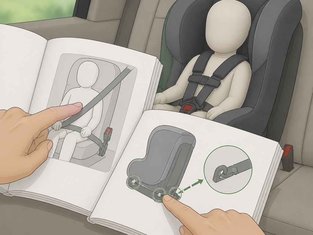 Comparing car seat and vehicle manuals for proper child safety seat installation.