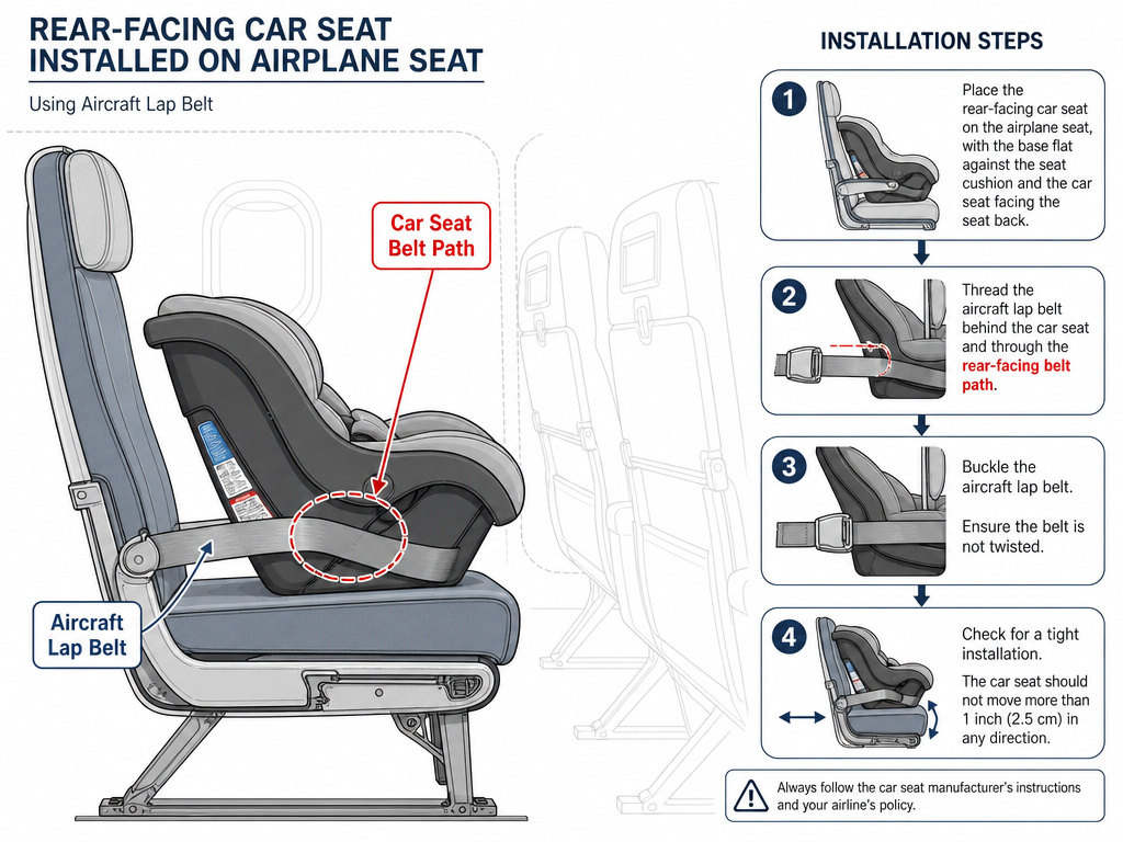 Diagram of a car seat installed on an airplane using the lap belt.