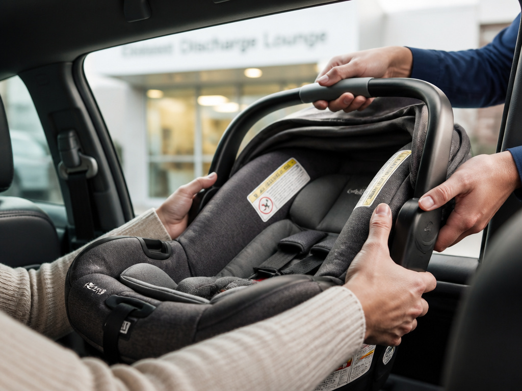 Emergency car seat replacement at hospital discharge for newborn safety.