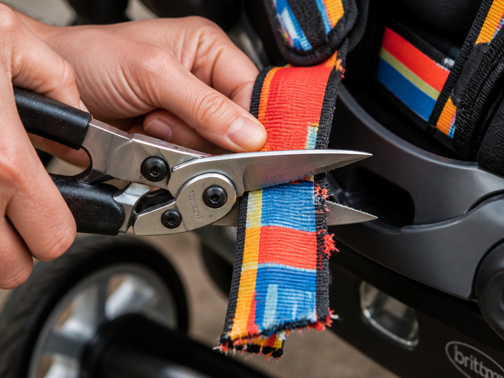 Cutting a car seat harness straps with shears for safe disposal.