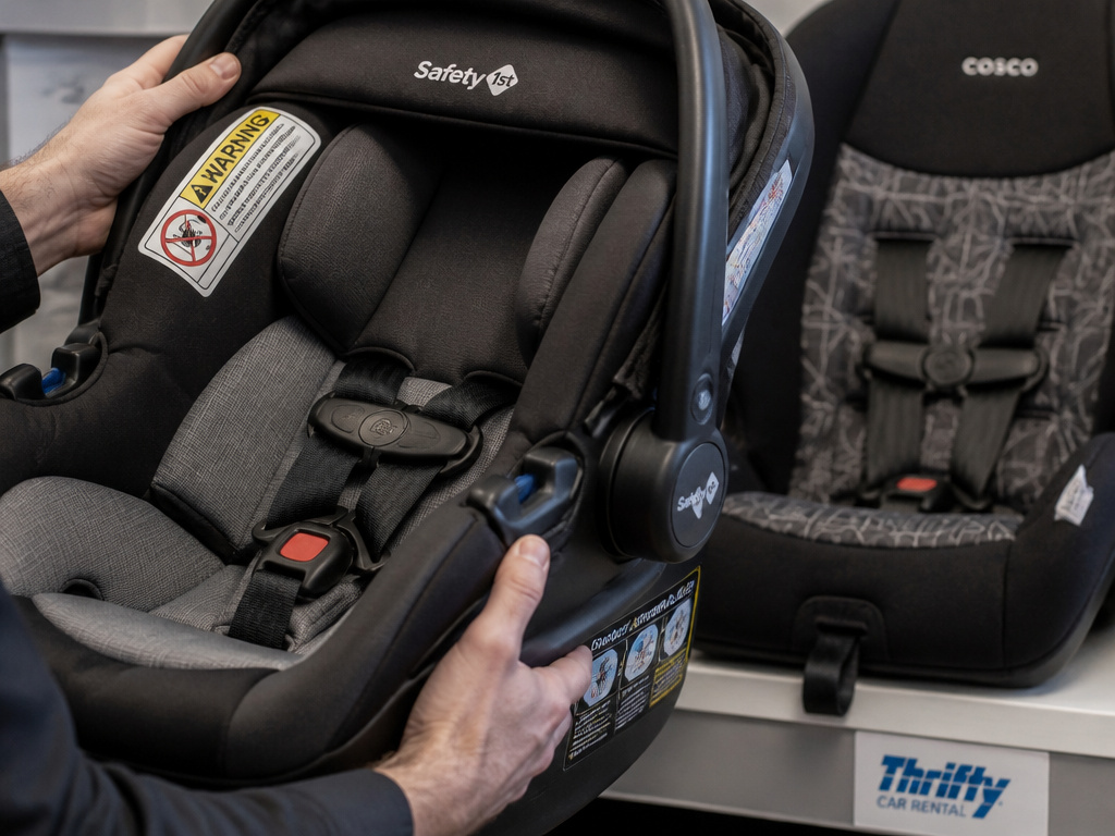 Two infant car seat models available for rental at Enterprise, Safety 1st and Cosco.