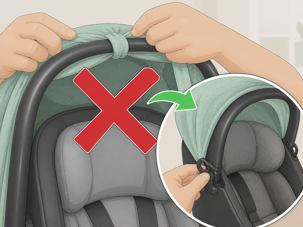 Incorrectly tying a DIY car seat canopy to the carry handle, marked with red X.
