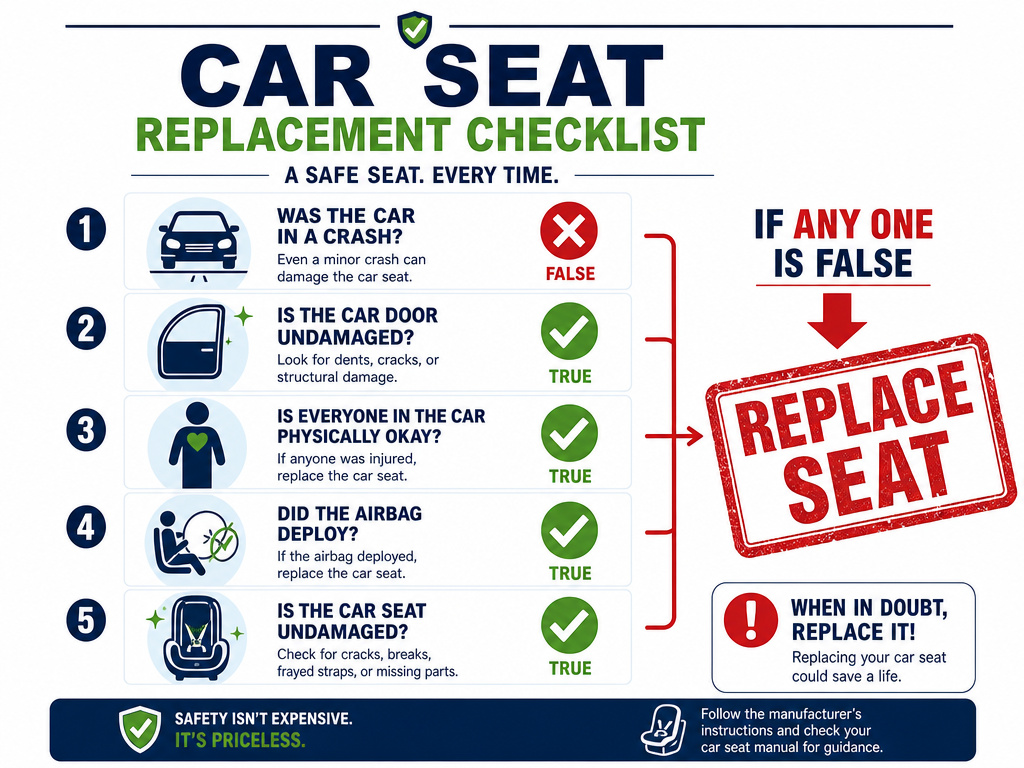Infographic checklist for replacing a convertible car seat after a vehicle crash.